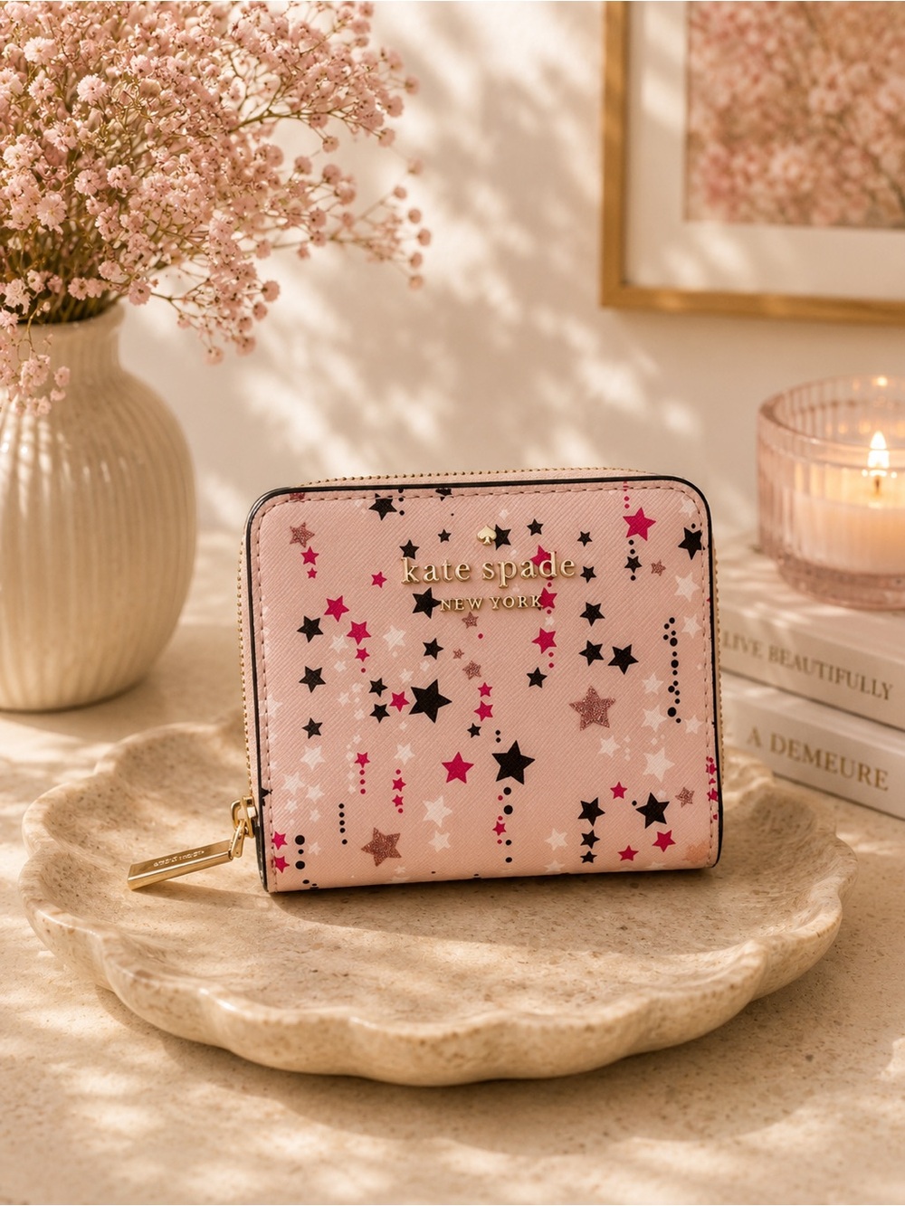 Kate Spade New York Twinkle Star Wallet Bifold Small Glittery Pink EUC